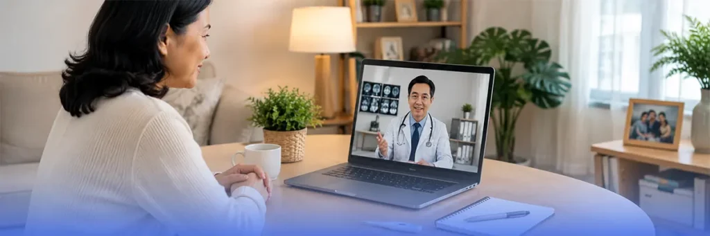 Telemedicine follow up consultation with a Thai specialist after returning home